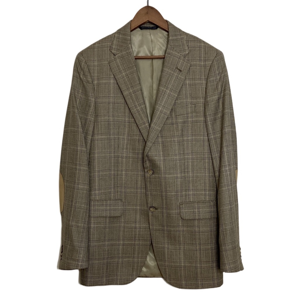 Coppley Sport Coat Men 41L Beige Brown Wool Silk Glencheck Plaid Elbow Patches